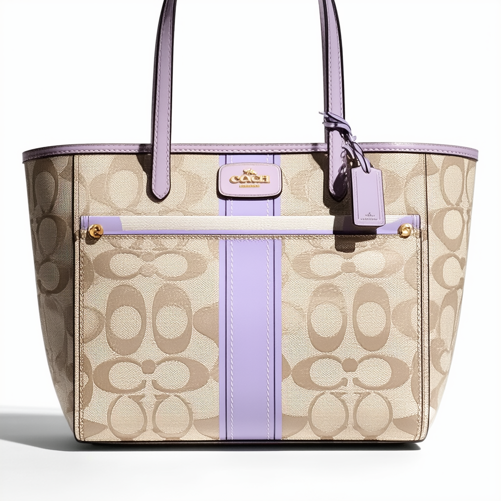 Coach Signature Stripe Pocket Tote Light Khaki and Lavender - Style 28208