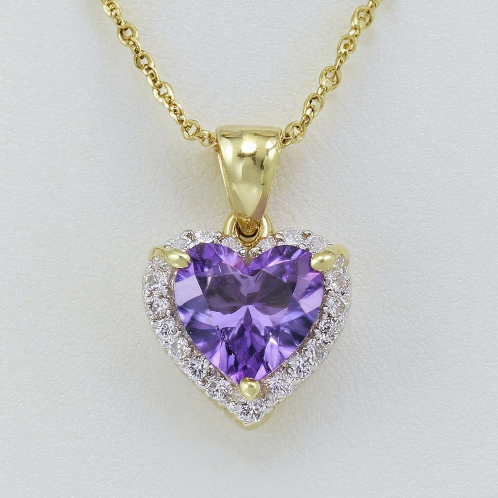 Amazon Collection Goldtone Finish Silver Diamond Accent and Amethyst Heart Pendant Necklace, 18"