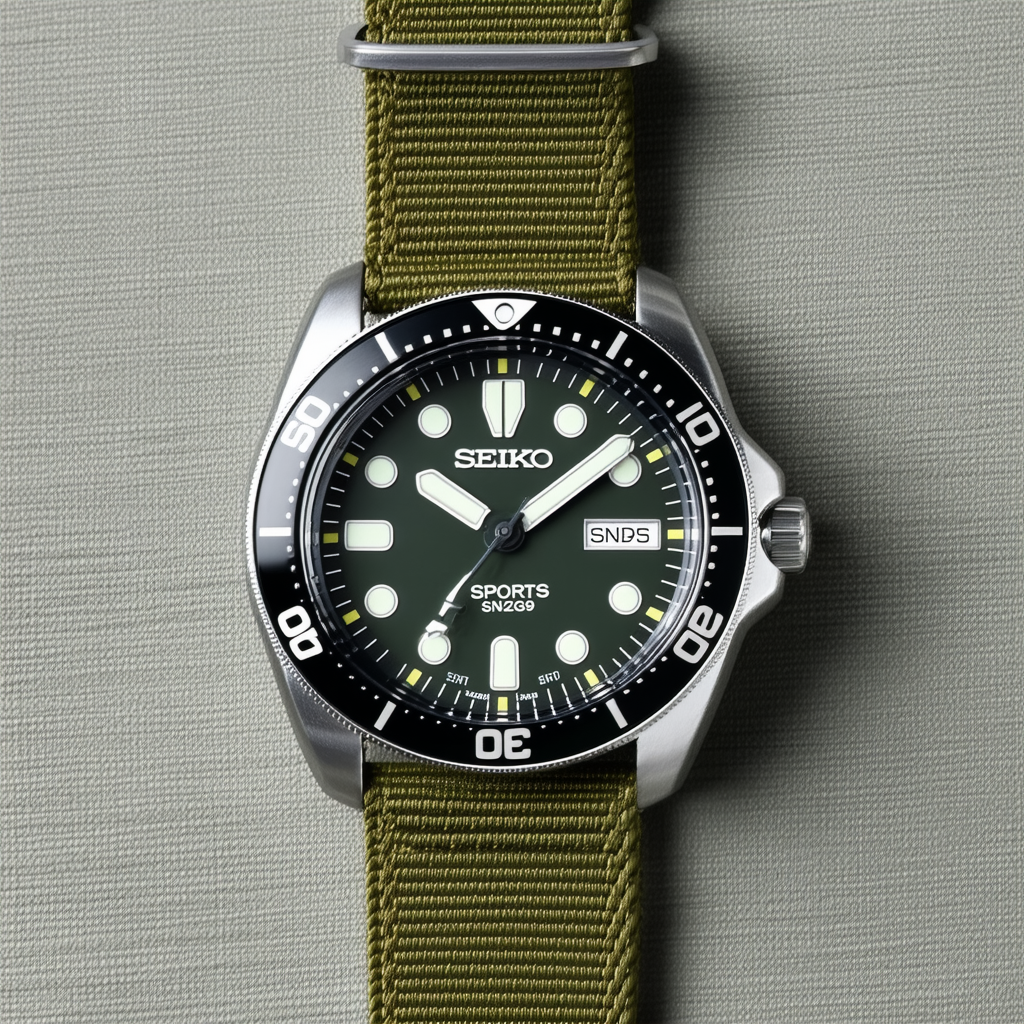 SEIKO 5 Sports #SNZG09 Men's Green Nylon Fabric Band Military Dial Automatic Watch