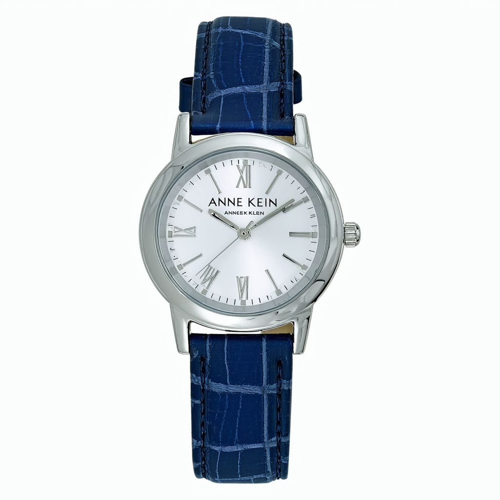 Anne Klein Women's 109003MPBL Round Silver-Tone Blue Leather Strap Watch