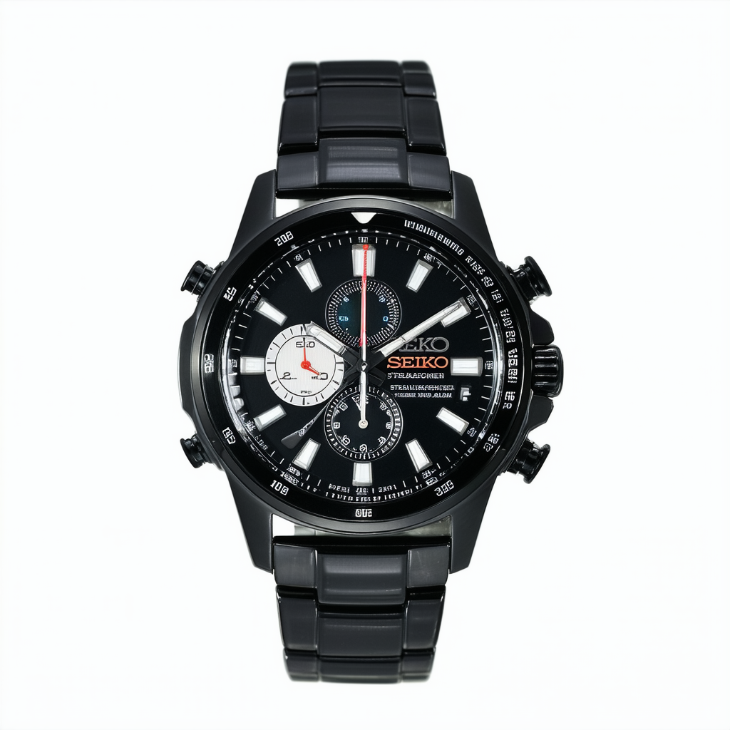 Seiko #SNA757 Streamline Men's Black IP Chronograph Alarm Watch