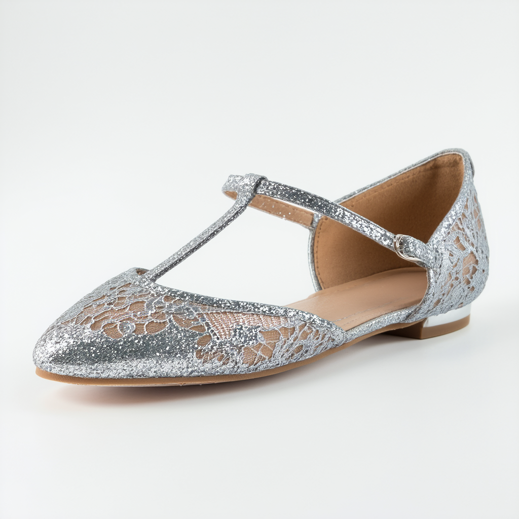 Qupid Women's Palmer99 Glitter Lace T-Strap Round Toe Ballet Flat