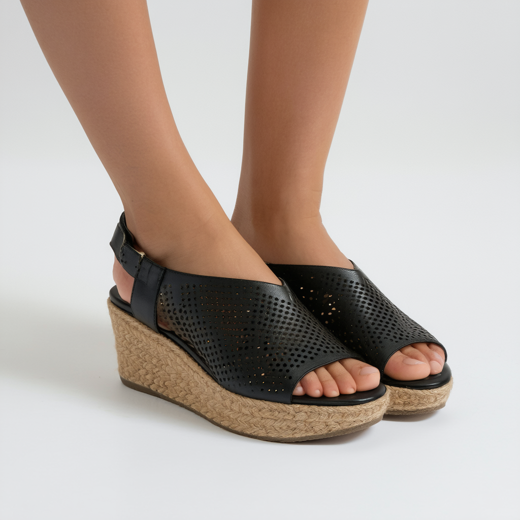 Qupid Women Leatherette Open Toe Perforated Platform Slingback Wedge Sandal BC92 - Black