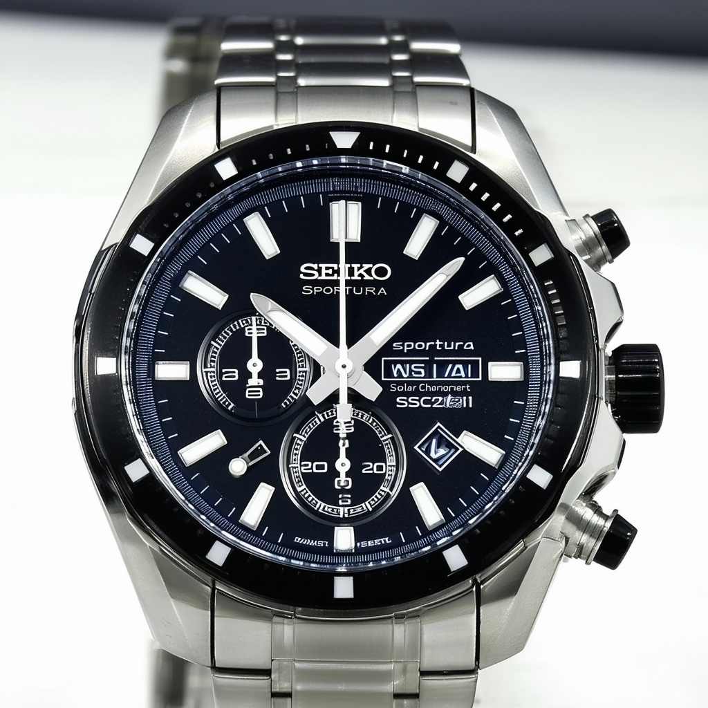 Seiko Sportura Solar Chronograph Black Dial Stainless Steel Mens Watch SSC271