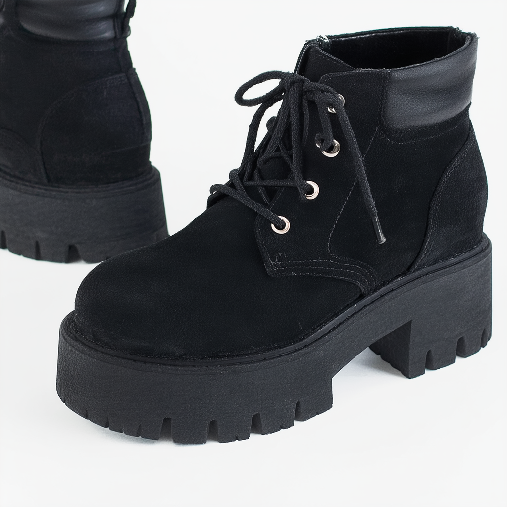 Qupid Women Nubuck Chunky Platform Lace Up Creeper Industrial Boot CF24 - Black Nubuck
