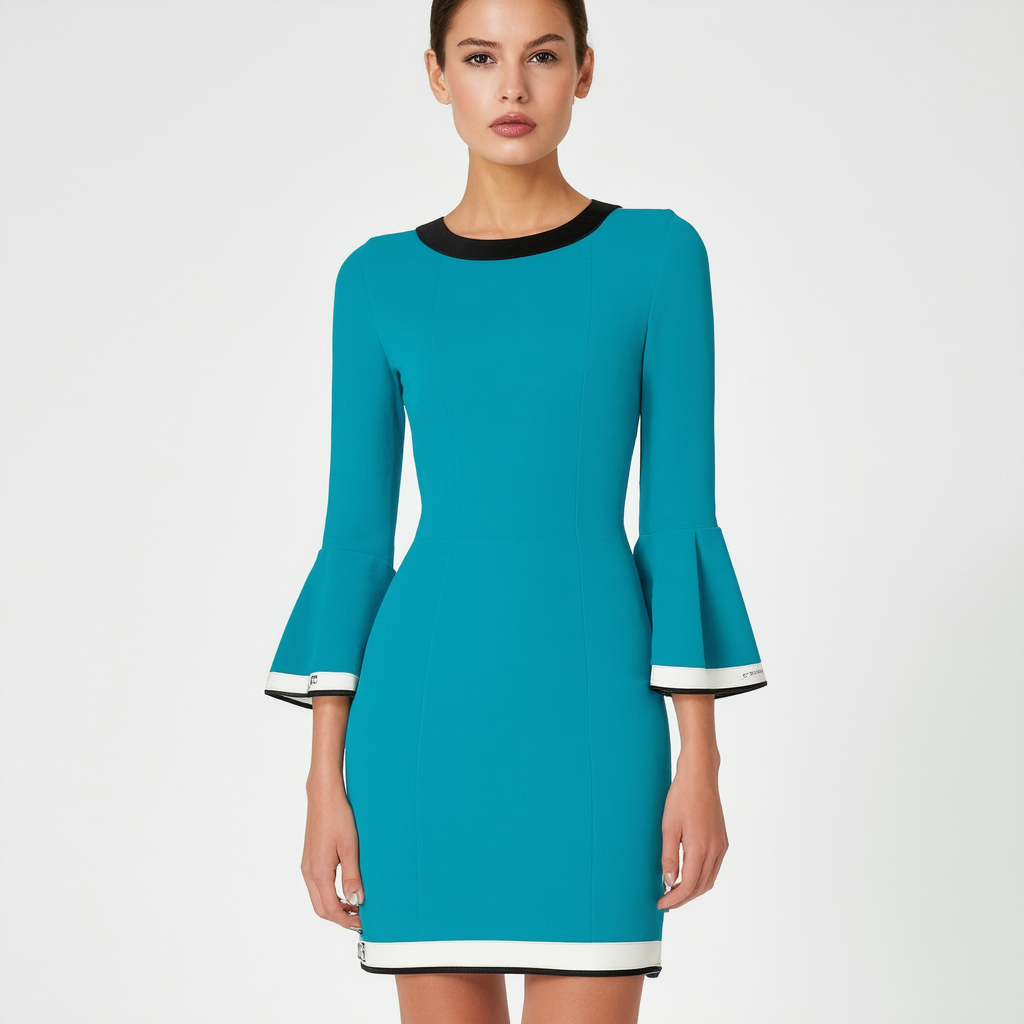 Calvin Klein Women's Solid Bell Sleeved Sheath with Novelty Trim Dress