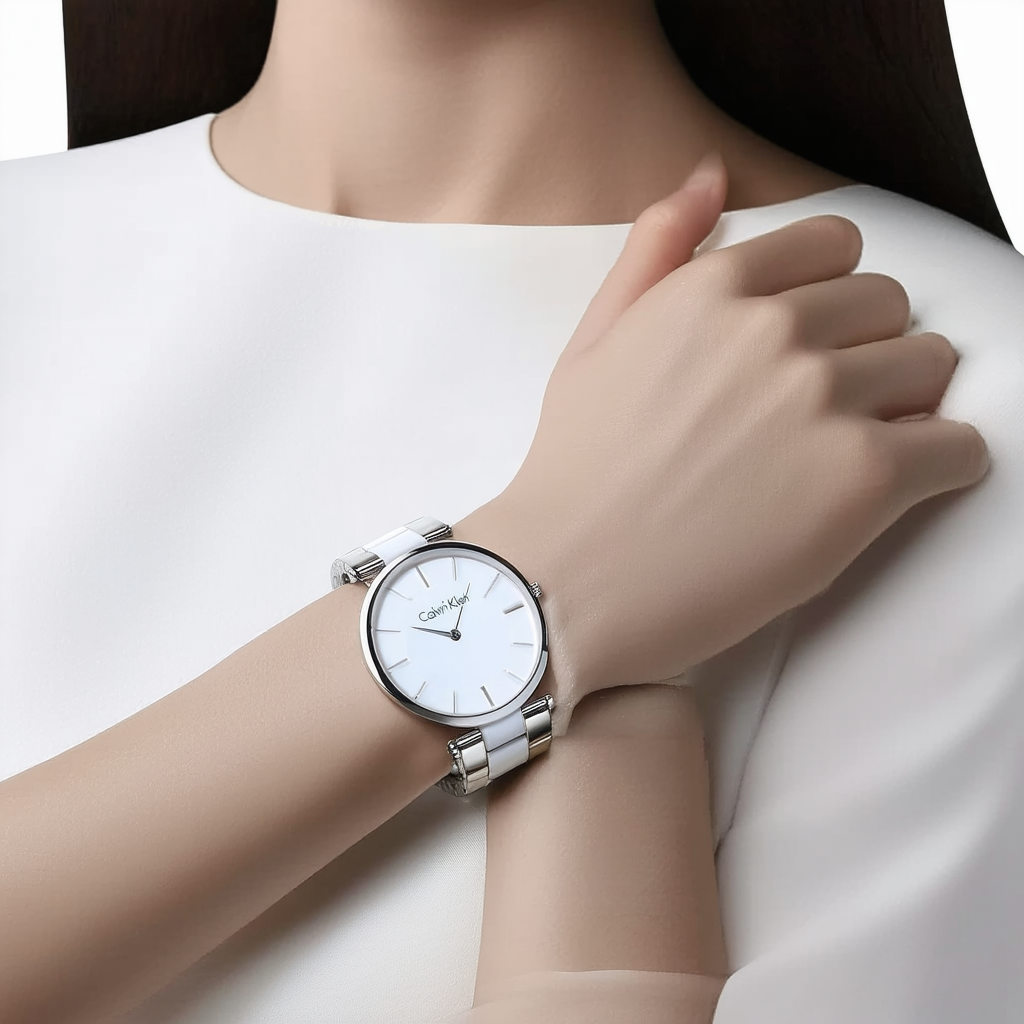 Calvin Klein Women's Quartz White Ceramic and Link Bracelet Watch, Color: Black (Model: 25200076)