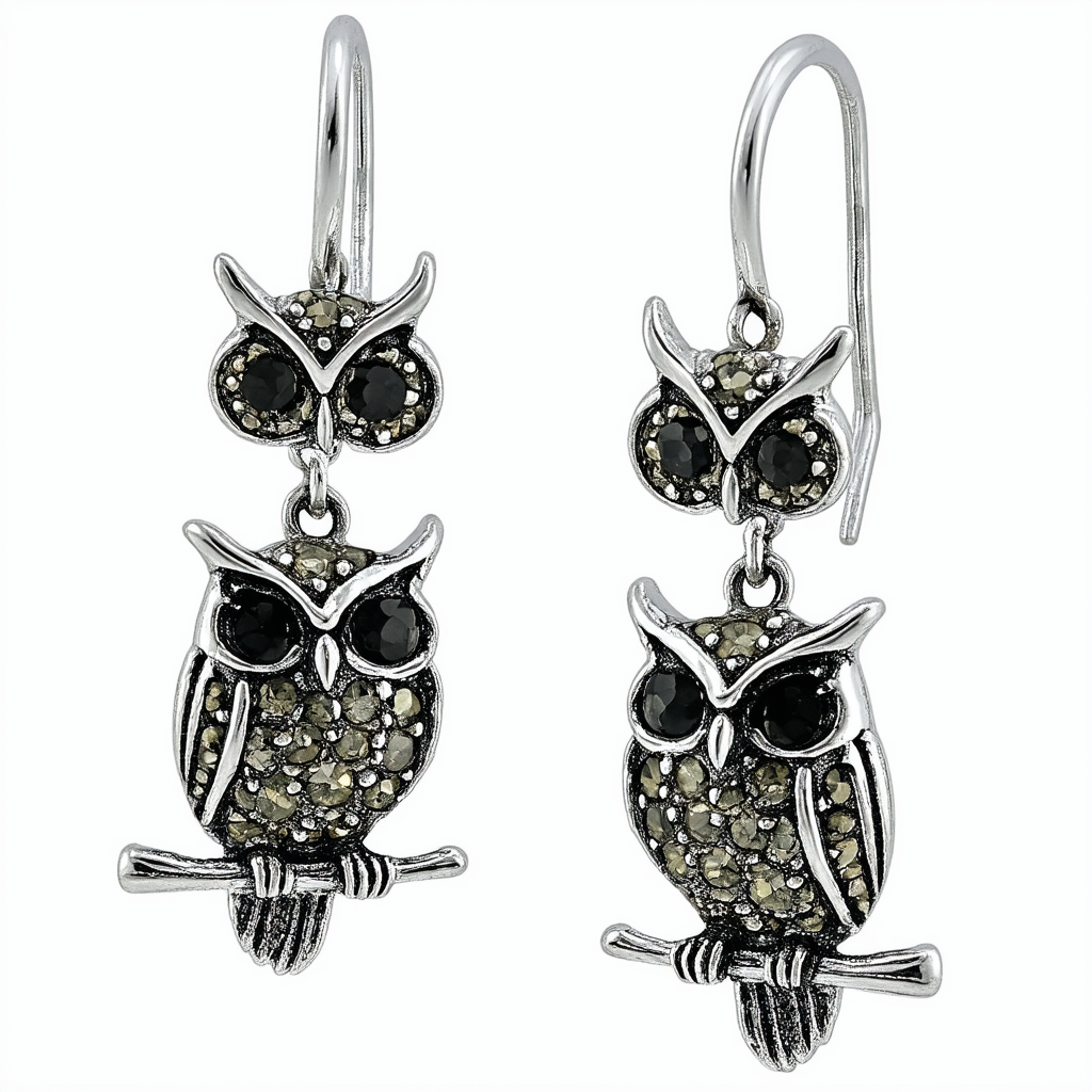 Amazon Collection Sterling Silver Marcasite Owl Drop Earrings