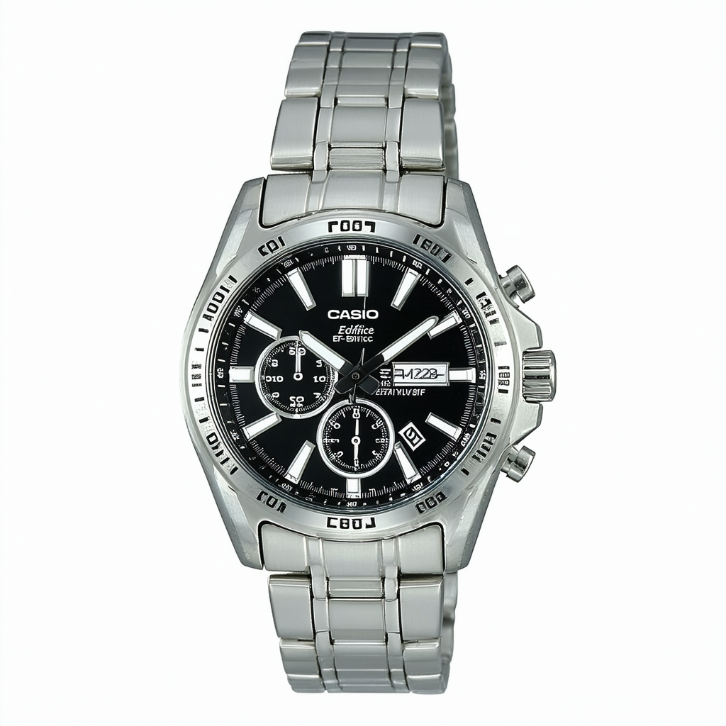 Casio Ef-132D-1A7vudf Men's Edifice Silver-Tone Steel Bracelet Black Dial Watch
