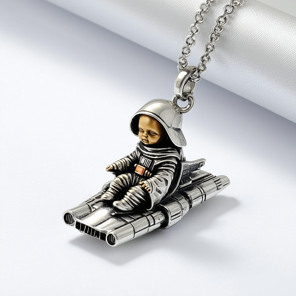 Sci-Fi Baby Jedi Master in Spaceship Metal Charm Necklace