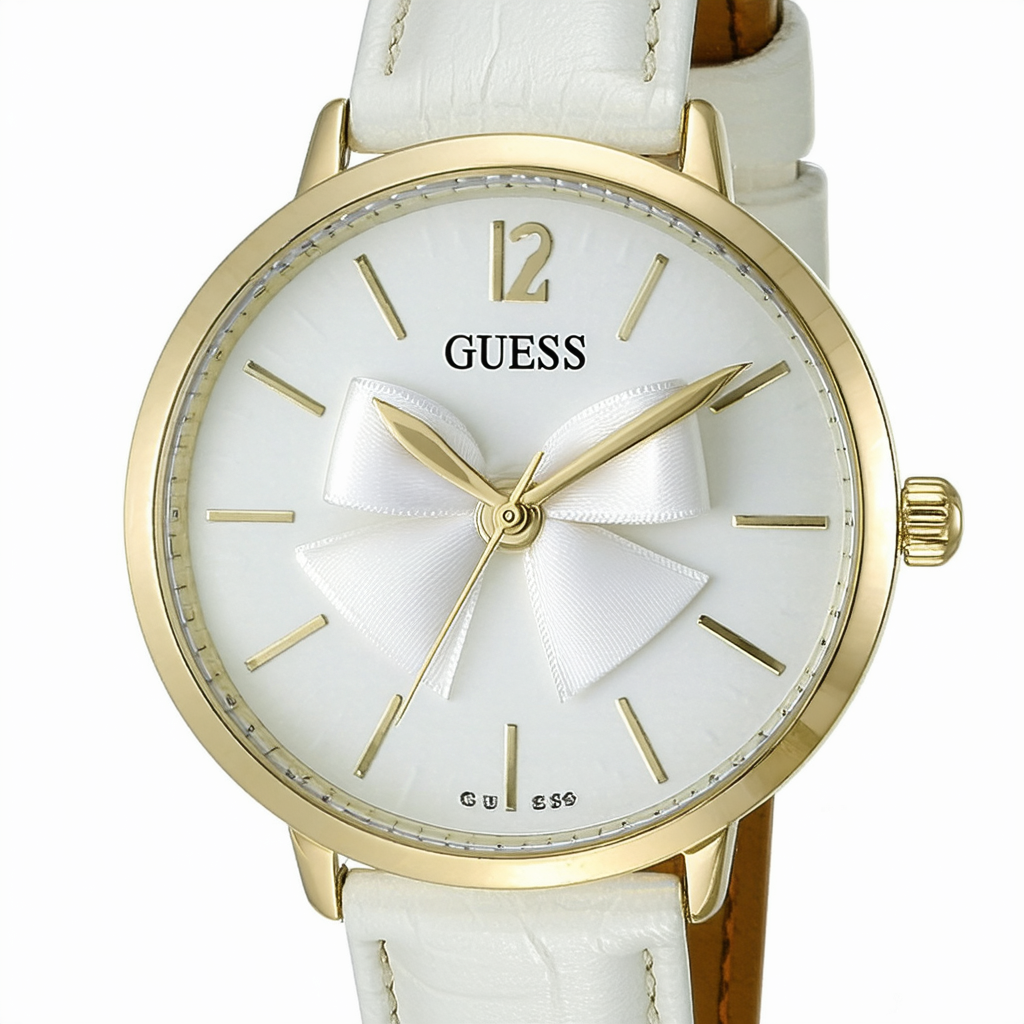 GUESS Women's U0736L6 Feminine White Bow-Tie Watch with Genuine Leather Strap