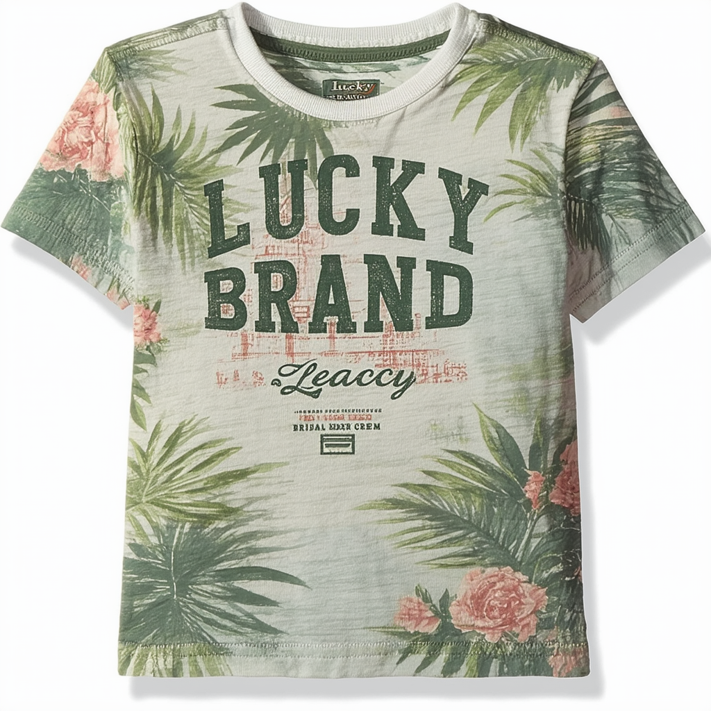 Lucky Brand Boys' Short Sleeve Legacy Graphic Crew Neck T-Shirt, Palm Bridal Rose, 6