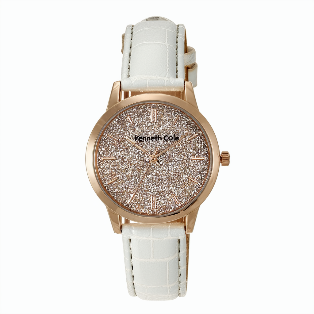 Kenneth Cole KCW2006 Champagne Glitzy Dial White Leather Band Large Women Watch