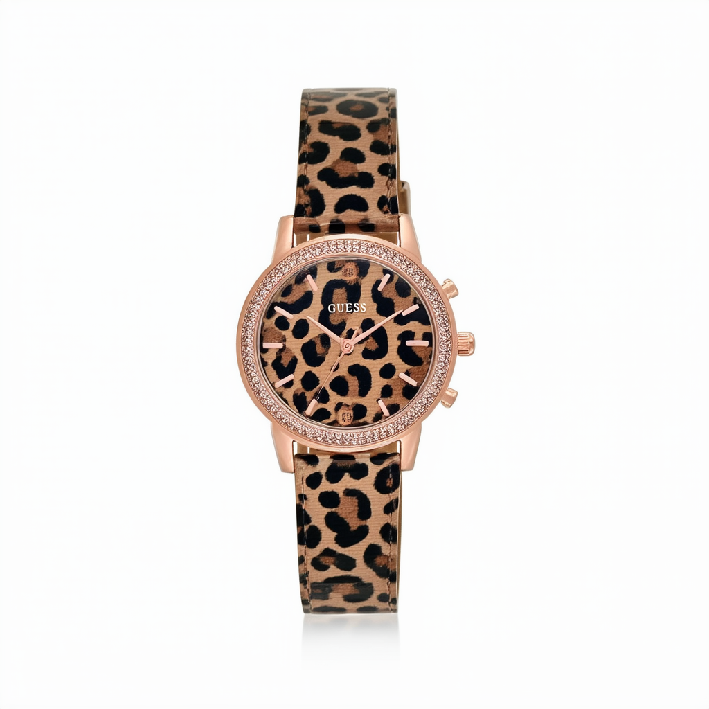 GUESS Women's U0455L3 Iconic Brown Animal Print Watch with Rose Gold-Tone Accents