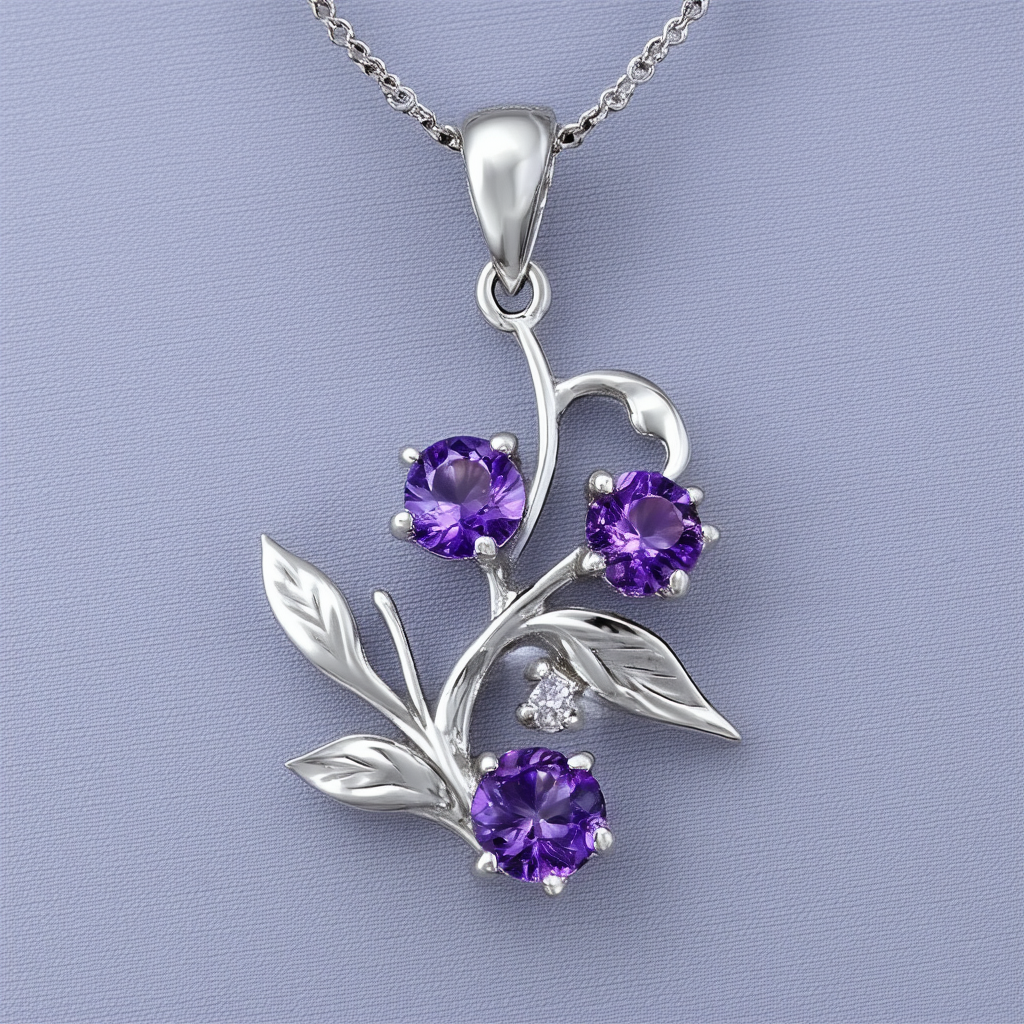 Amazon Collection Sterling Silver Amethyst "3 Flowers" Pendant Necklace, 18"