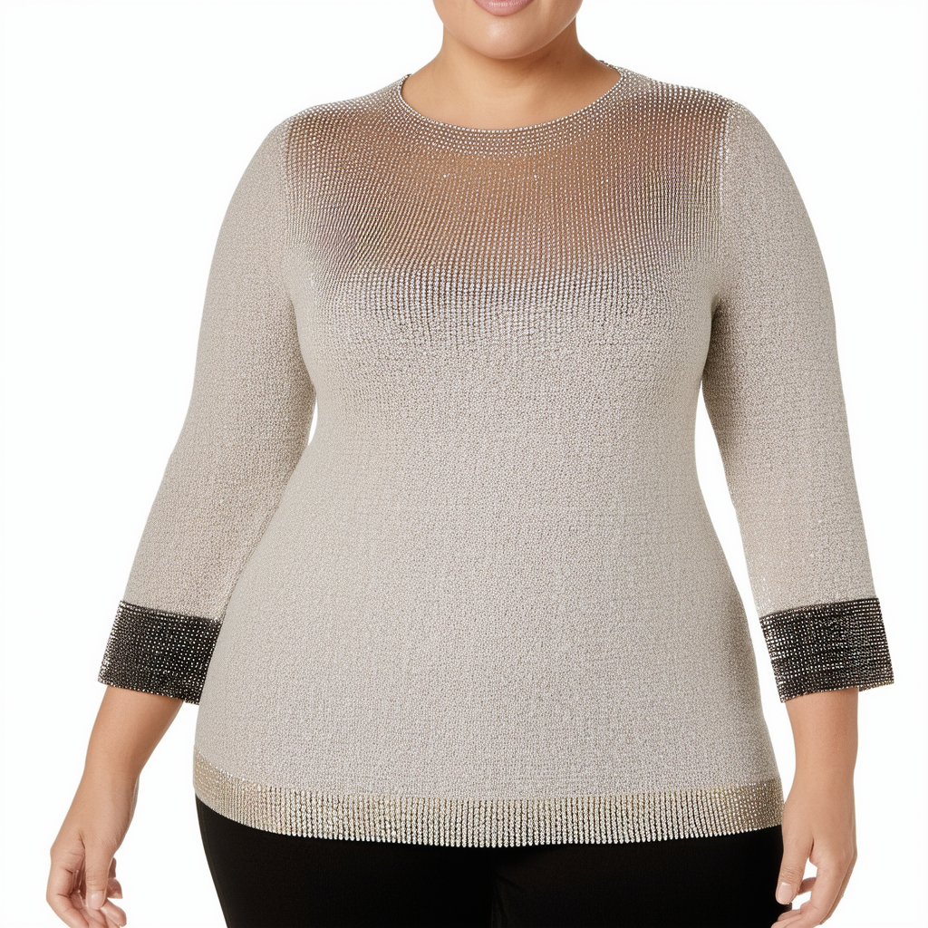 NINE WEST Women's Plus Size Jewel Neck Metallic Knit with Sleeve Detail