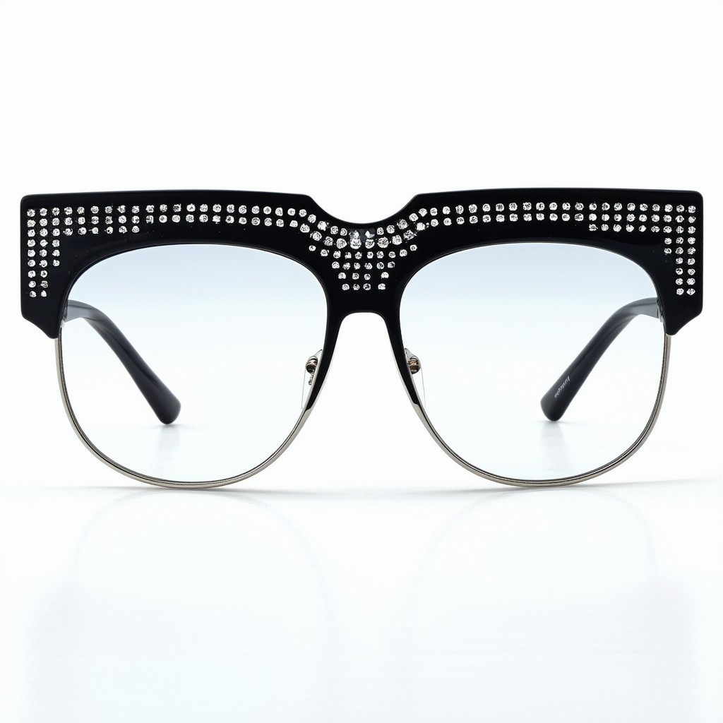 Designer Celebrity Inspired Flat Top Glasses Rhinestone Sunglasses (Black)