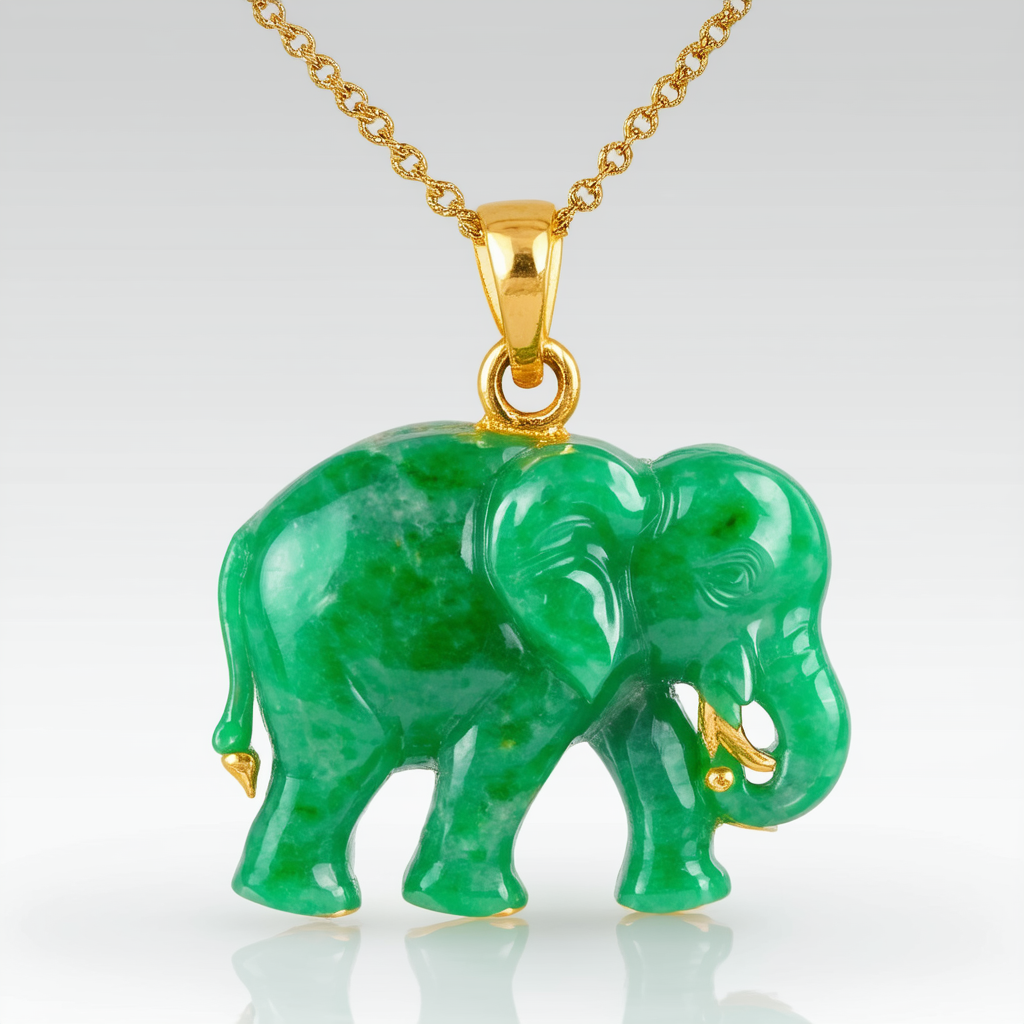 Amazon Collection Gold Plated Sterling Silver Green Chinese Jade Elephant Pendant Necklace