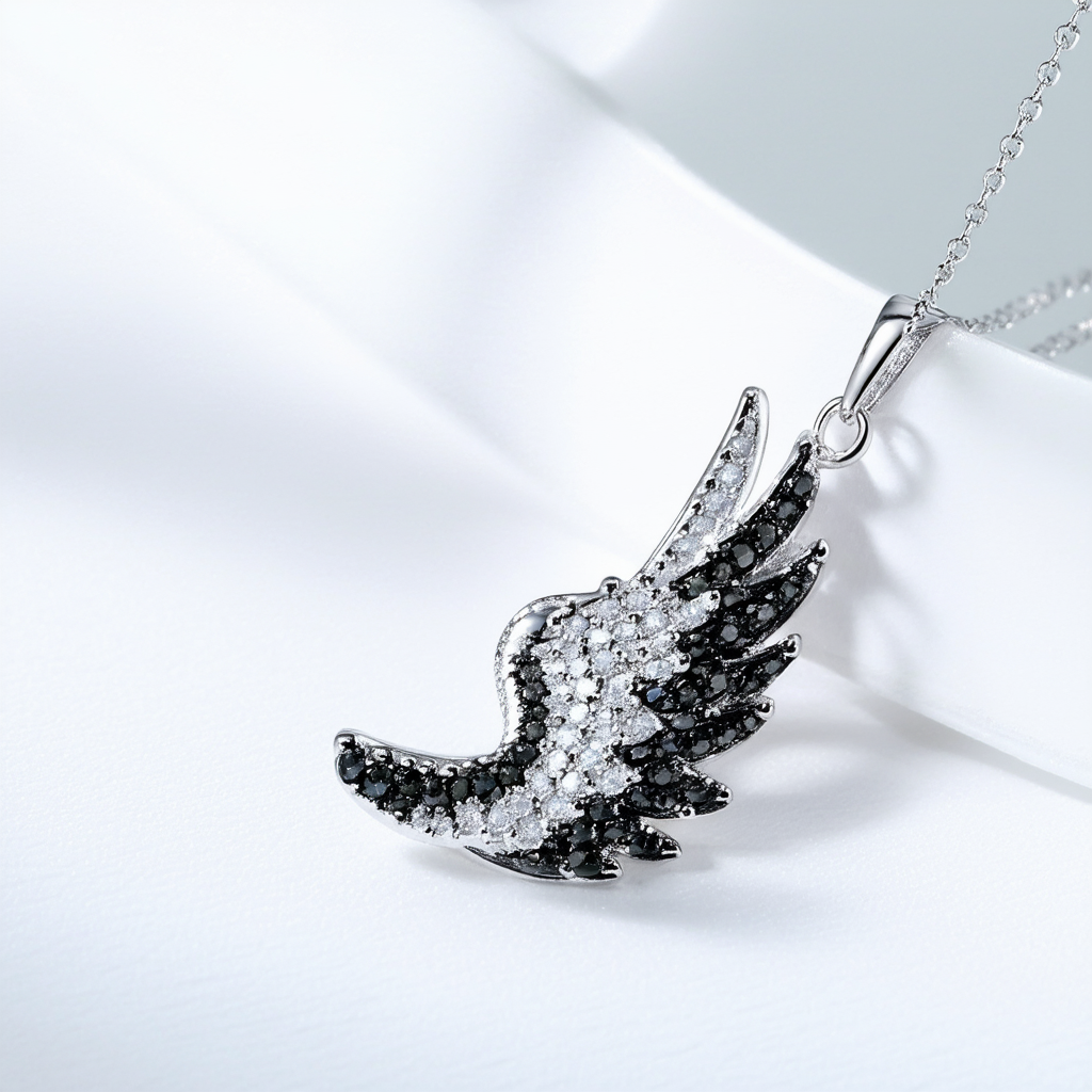 Amazon Collection Sterling Silver Black Diamond Accent Angel's Wing Pendant Necklace , 18"