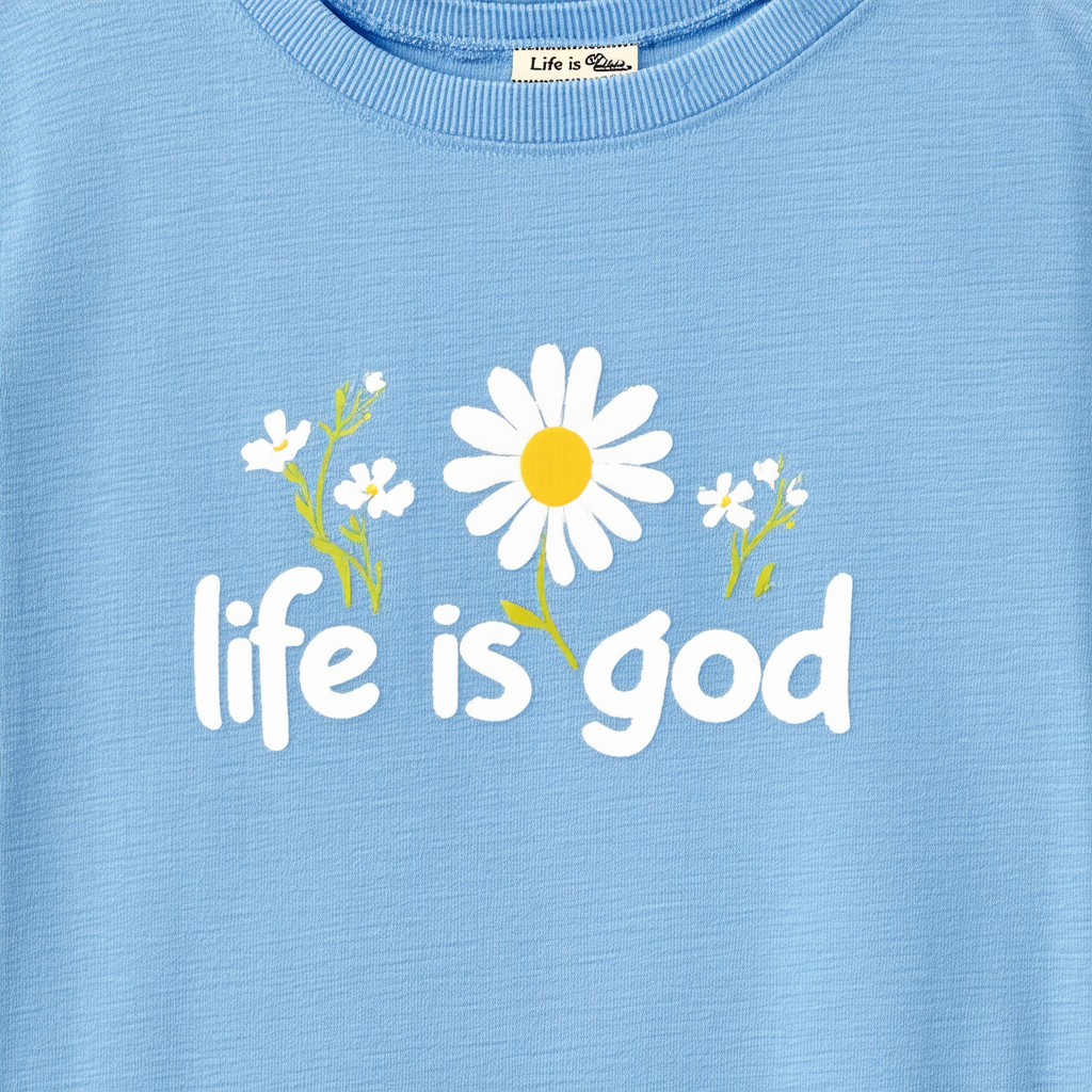 Life is Good. Women's Half Full Daisy Trio Crusher-Lite Vee, Cornflower Blue