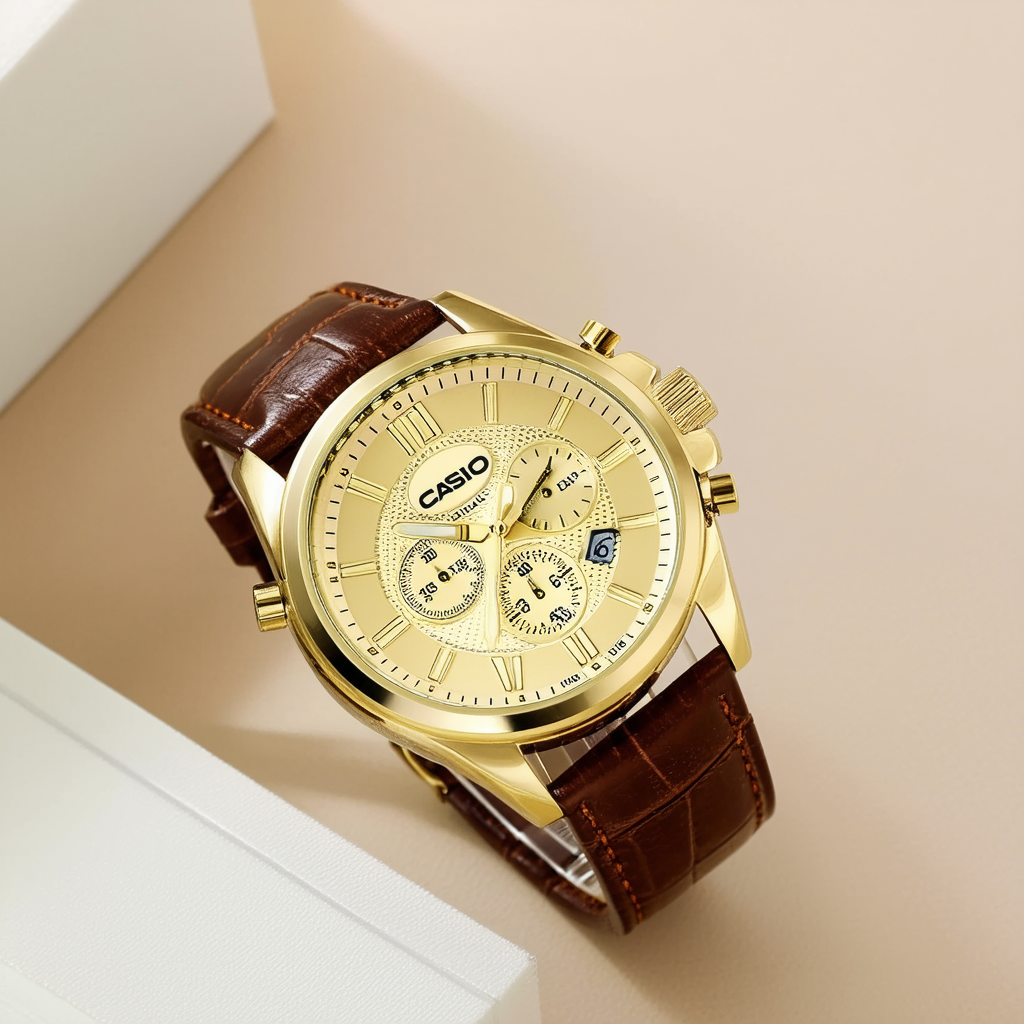 Casio #MTP1375L-9AV Men's Leather Band Fluted Bezel Multifunction Gold Dial Watch