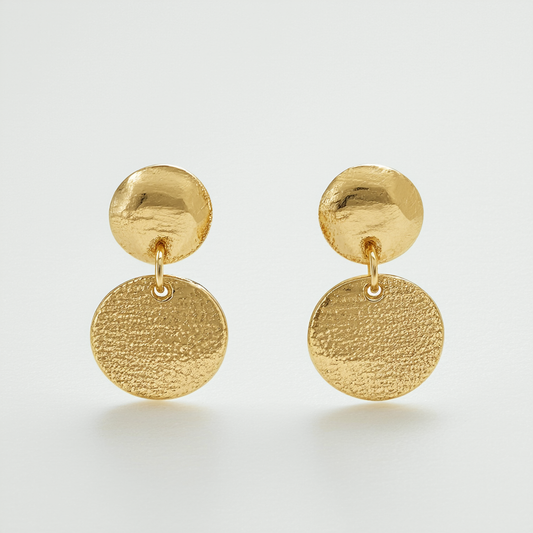 14k Yellow Gold Italian Polished and Textured Double Circle Dangle Earrings