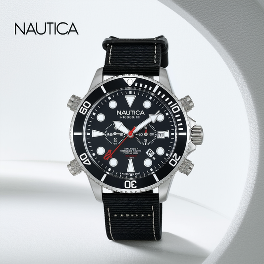 Nautica N18685G BFD 105 Stainless Steel Watch with Black Cloth Band