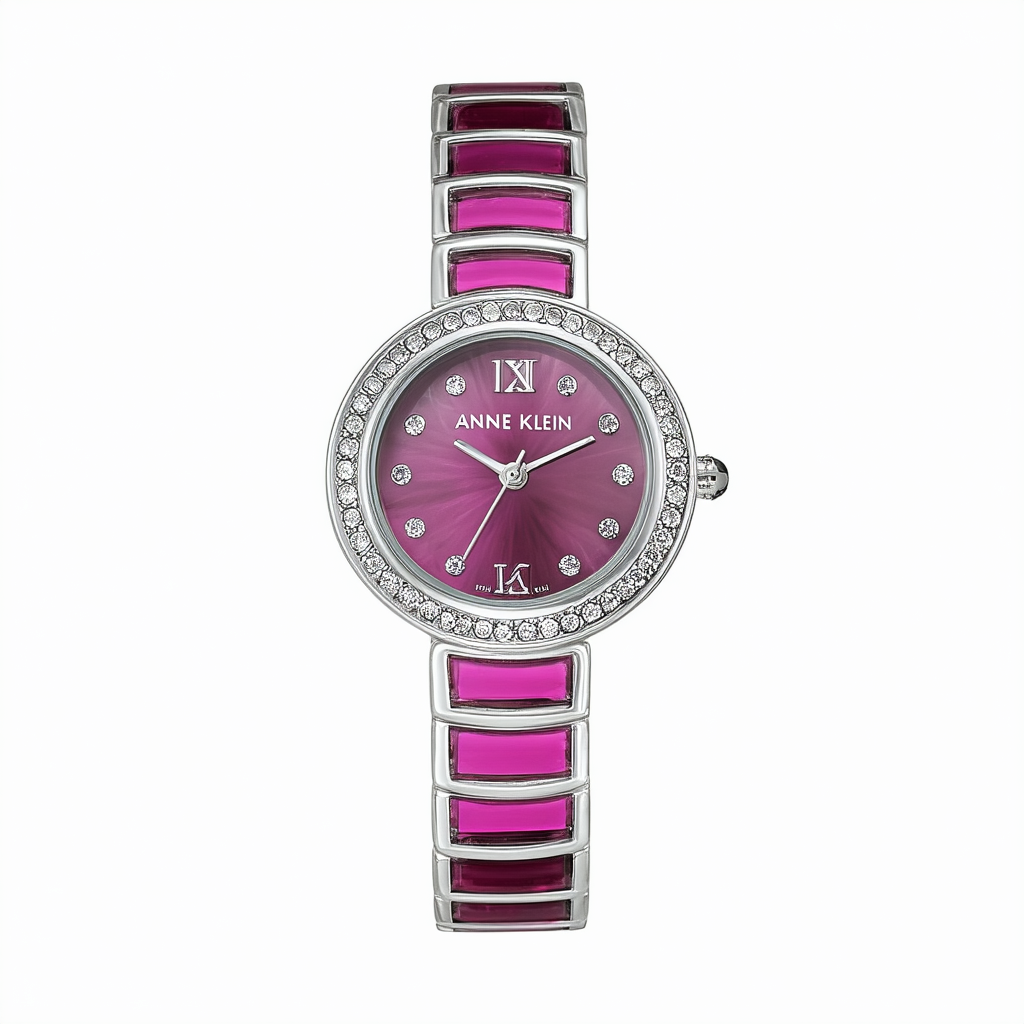 Anne Klein Women's 109667WTMA Premium Crystal Silver-Tone and Magenta Plastic Ring Bracelet Watch