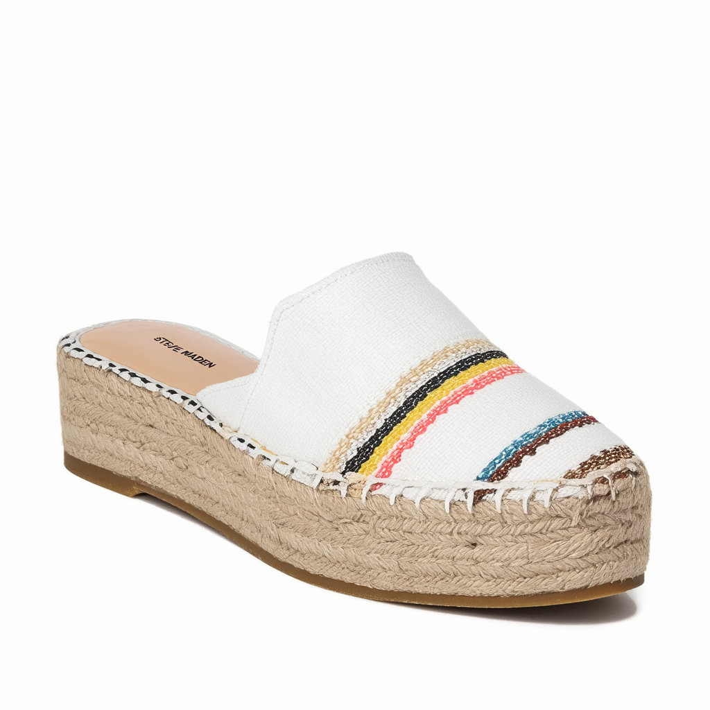 Steve Madden Haleen White Multi Flatform Espadrille Slip-On Loafer Shoes (White Multi, 7.5)