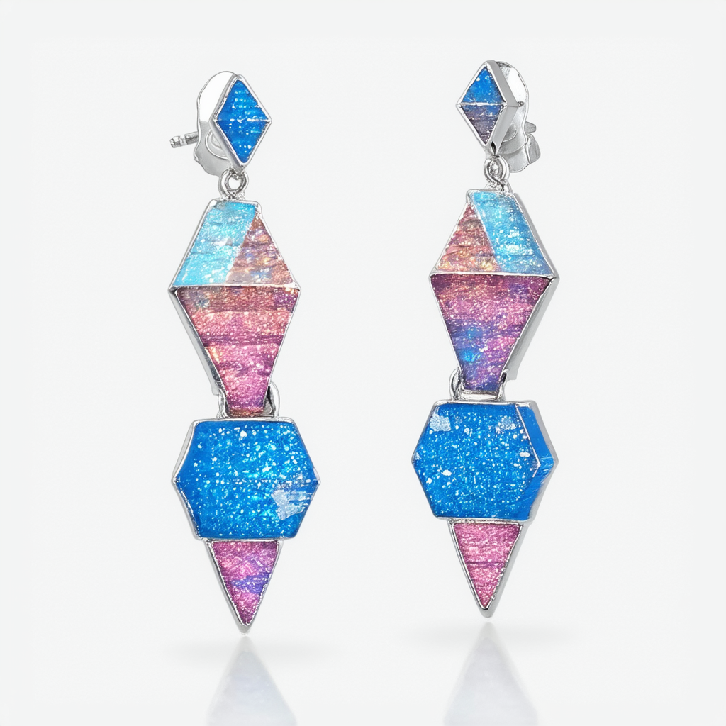 Amazon Collection Sterling Silver 925 Dichroic Glass Blue and Pink Diamond-Shaped Earrings