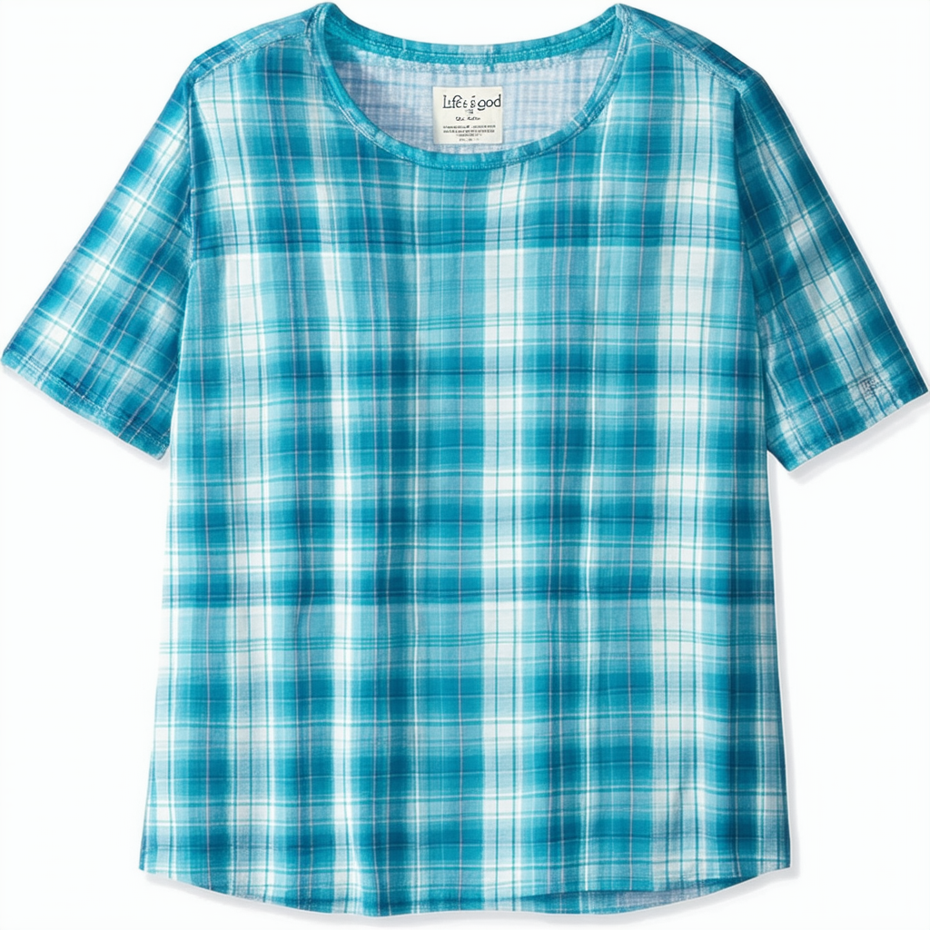 Life is Good Women's Plaid Popover T-Shirt (Turquoise Blue)