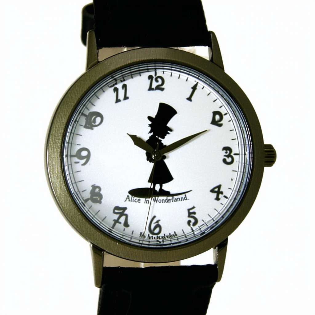 Alice in Wonderland Women's AL1008 Mad Hatter Silver Dial Black Leather Strap Watch