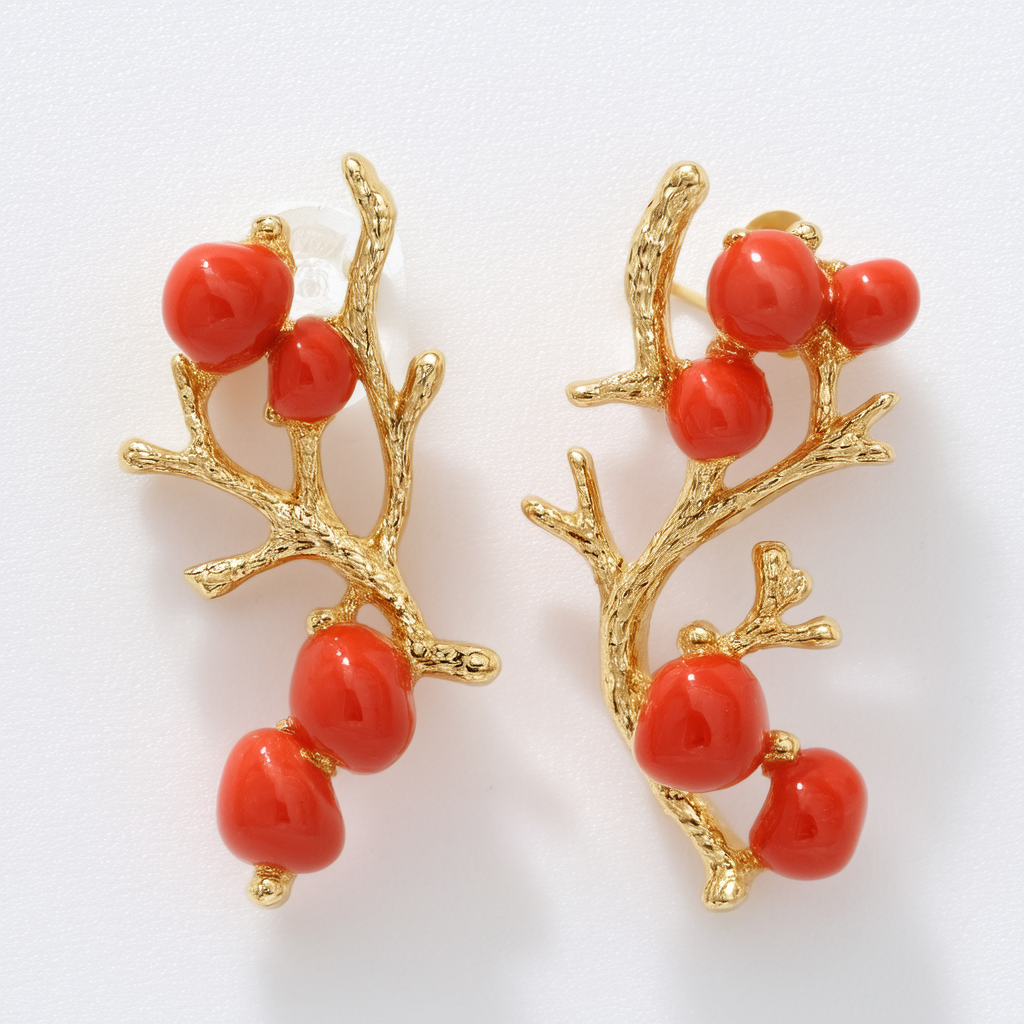 Amazon Collection 14k Yellow Gold Red Coral Branch Earrings