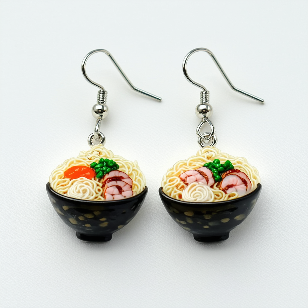 Japanese Food Charm Resin Bowl of Ramen Dangle Hook Style Earrings Style 1