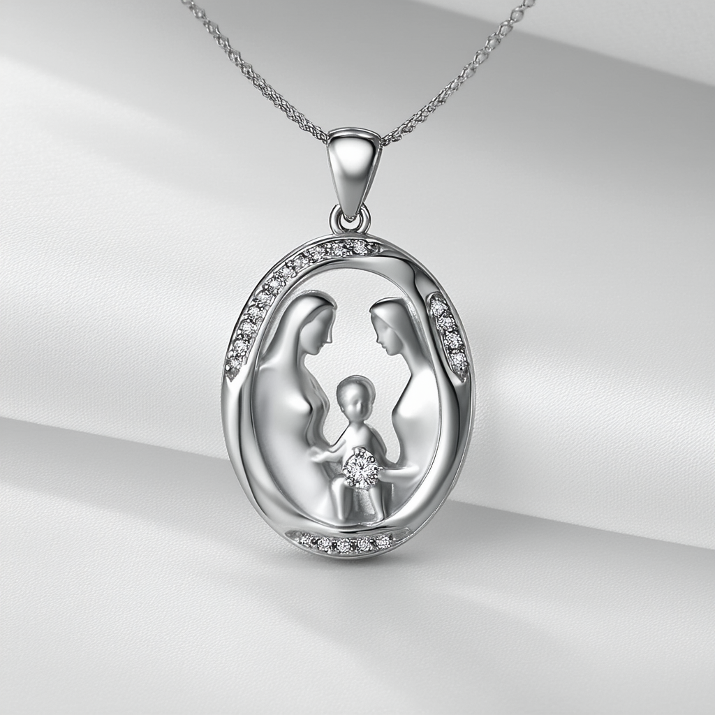 Amazon Collection Sterling Silver Polished Oval Mother and Child with Diamond Pendant Necklace , 18"