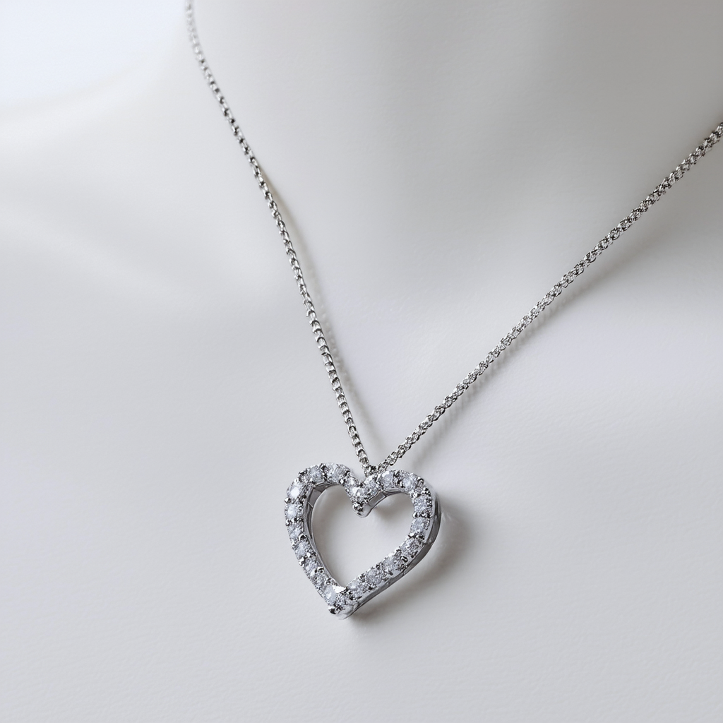 Amazon Collection Sterling Silver Diamond Open Heart Pendant Necklace