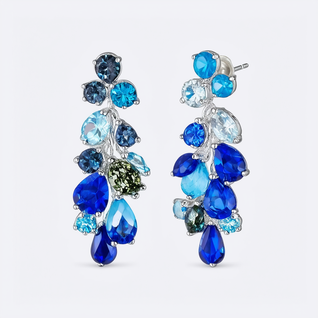 Amazon Collection Sterling Silver Multi-Gemstone and Blue Glass Bead Cluster Drop Earrings