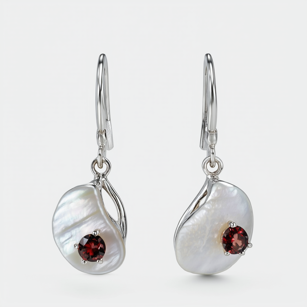 Amazon Collection Sterling Silver Mother-Of-Pearl Dangle Earrings with Garnet