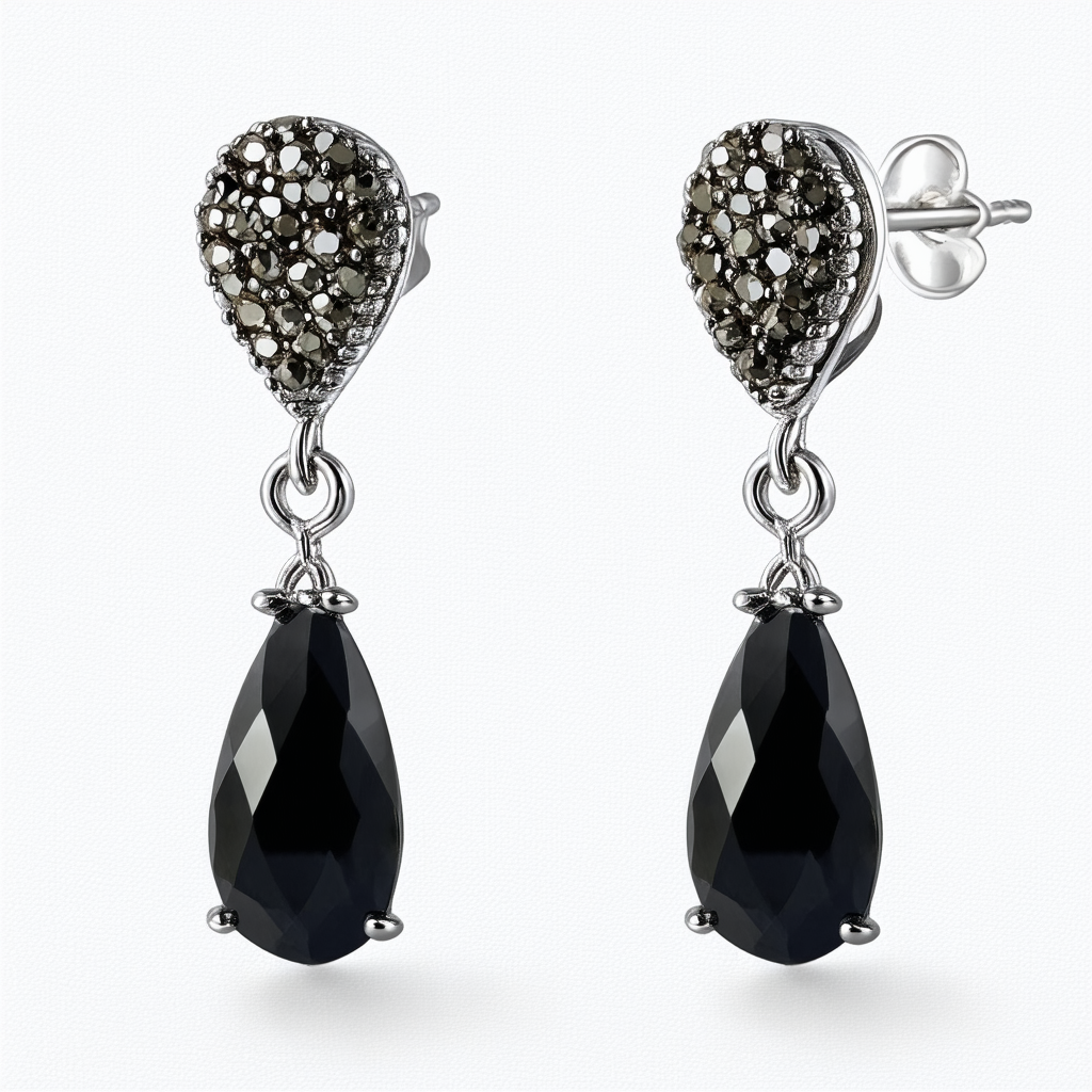 Amazon Collection Sterling Silver Black Onyx and Silver Drusy-Quartz Drop Earrings
