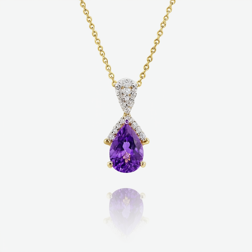 Amazon Collection 14k Yellow Gold Amethyst and Diamond Drop Pendant, 18"