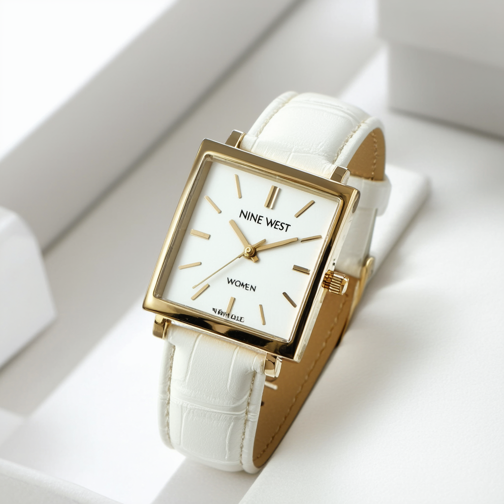 Nine West Women's Square Gold-Tone and White Strap Watch