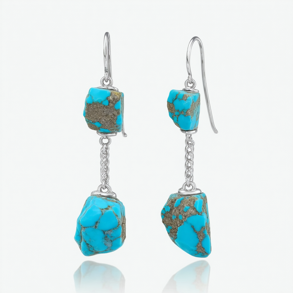 Amazon Collection Sterling Silver and Turquoise Nugget Double Chain Drop French Wire Earrings