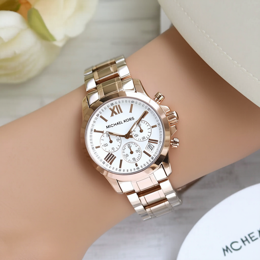 Michael Kors Mercer Chronograph White Dial Rose Gold-Tone Steel Ladies Watch MK2283
