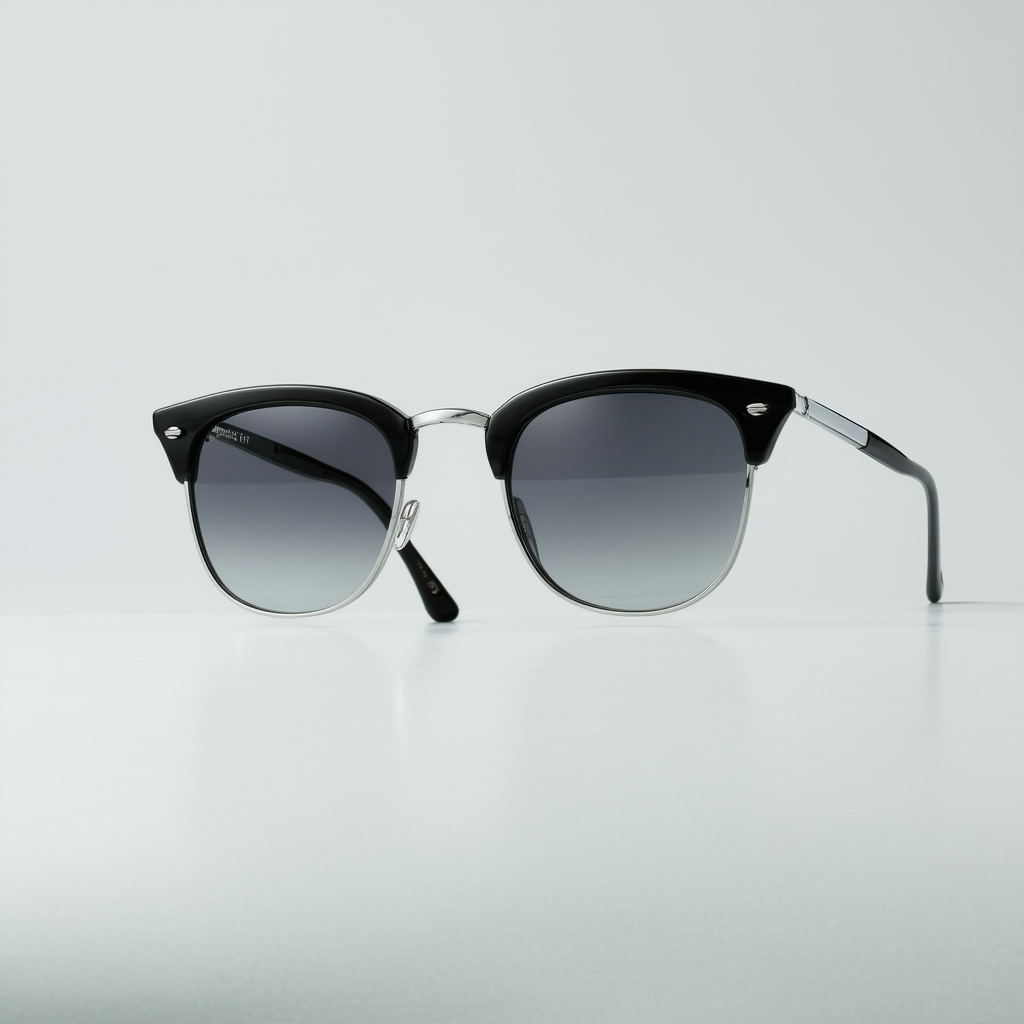 Retro Classic Metal Half Frame Horn Rimmed Sunglasses (Black-Silver Smoke)