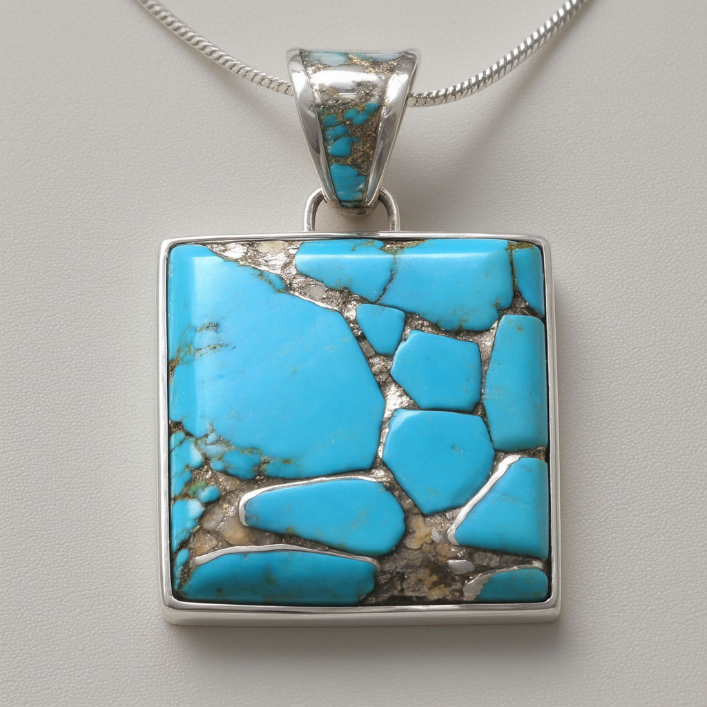 Amazon Collection Sterling Silver Large Simulated Turquoise Inlay Square Pendant Necklace , 18"
