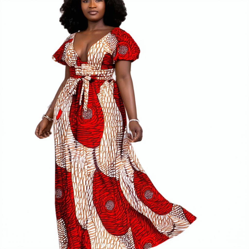 Amaira - Women African Print Ankara Maxi Dress (as1, Numeric, Numeric_14, Regular, Regular, Red, 14)