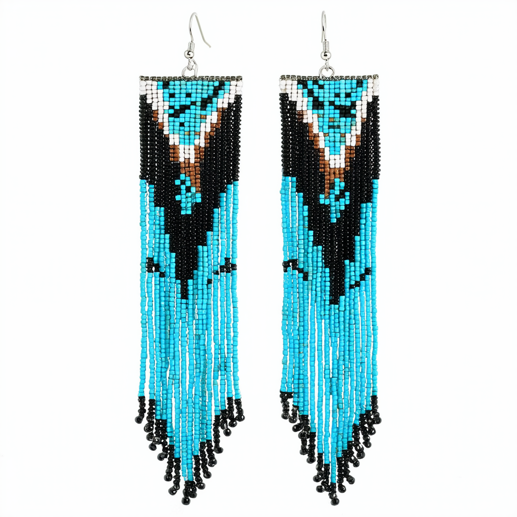 Handmade Beaded Extra Long Turquoise Blue Black Native style Hook Earrings [E-61-SB-30]