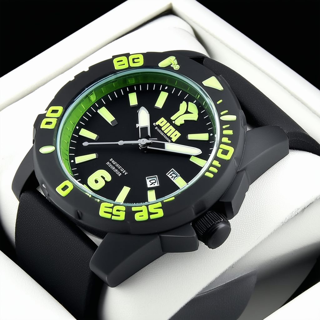 Puma Pu103811003 Men's Black Rubber and Dial Lime Green Accents Watch