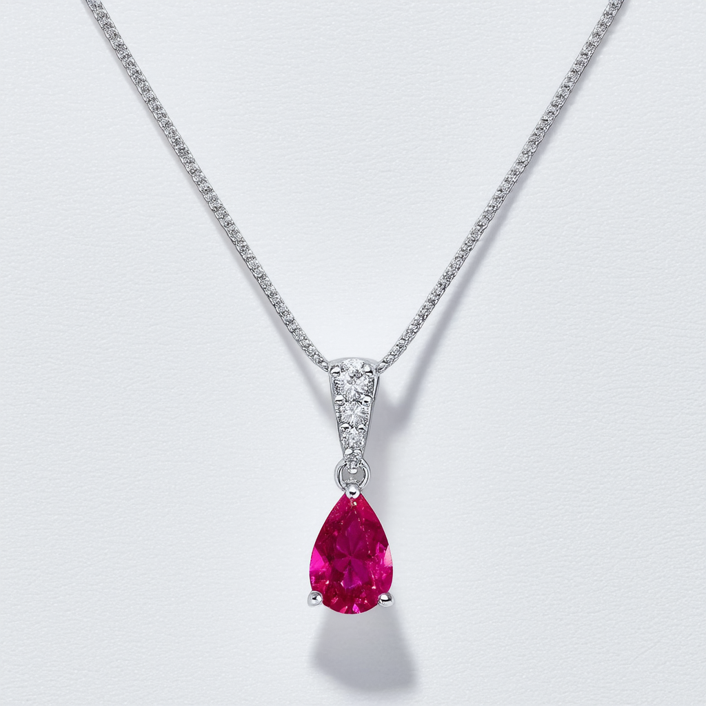 Amazon Collection Sterling Silver Ruby and Diamond Teardrop Pendant Necklace, 18"
