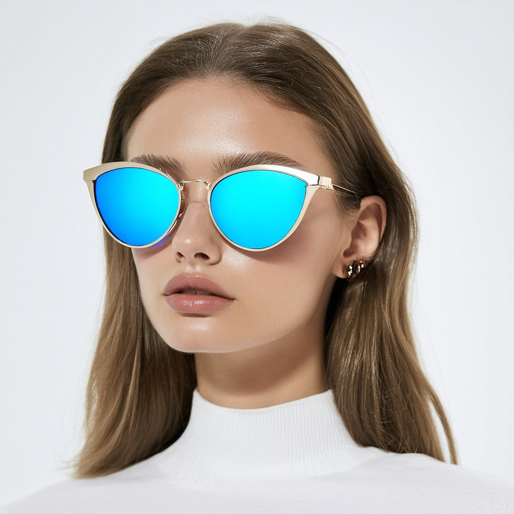 Womens Fashion Full Metal Color Mirrored Lens Cat Eye Sunglasses